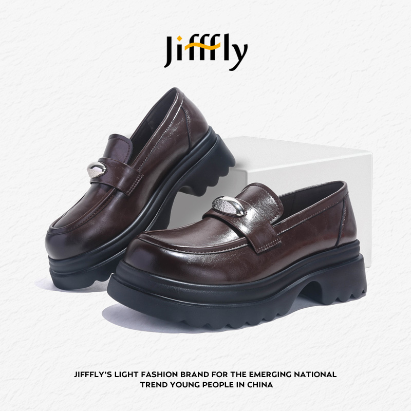 Jifffly单鞋女2025新款秋冬百搭英伦风一脚蹬黑色小皮鞋厚乐福鞋