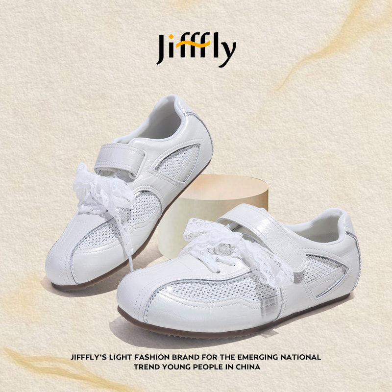 Jifffly银色德训鞋女2025新款复古休闲魔术贴网面透气丝带运动鞋