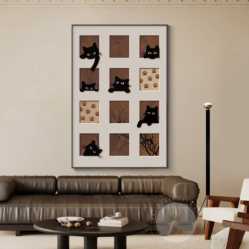 侘寂风客厅装饰画复古猫咪沙发背景墙挂画艺术感现代简约玄关壁画图片