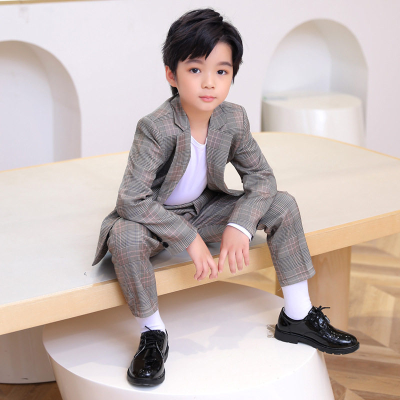儿童西装春秋款男童正装格子套装韩版花童礼服钢琴演出服休闲西服
