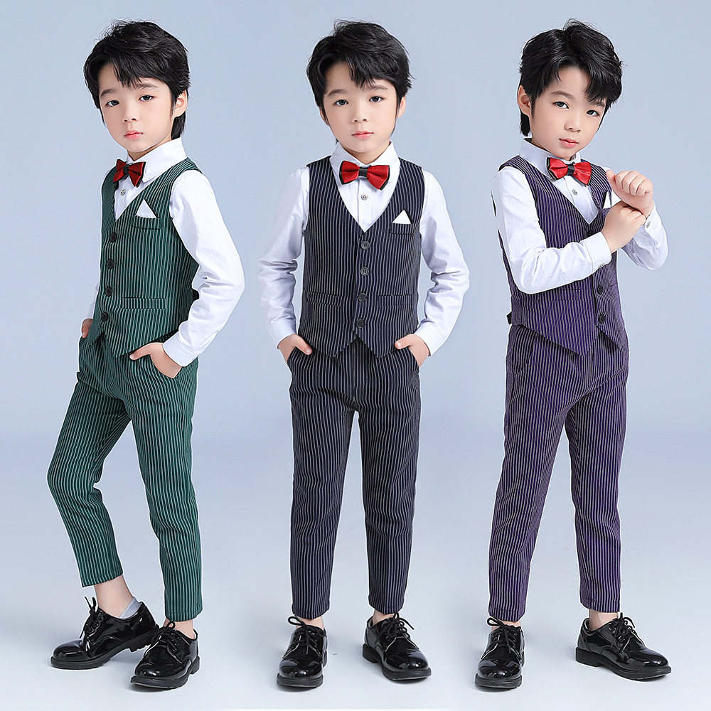 2025年男童礼服套装春夏新款韩版条纹马甲两件套儿童钢琴主持表演