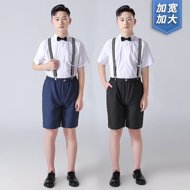 男童礼服加肥加大短袖背带裤套装中大童胖童演讲钢琴主持演出衣服