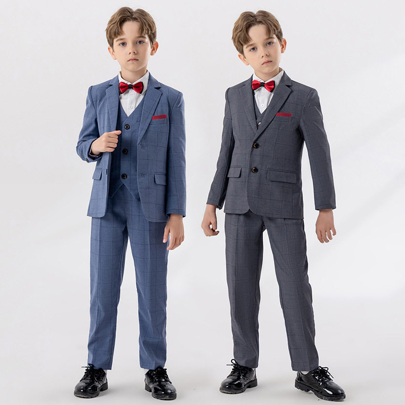 儿童西装春秋新款英伦风格子西服套装男童钢琴主持合唱演出服帅气