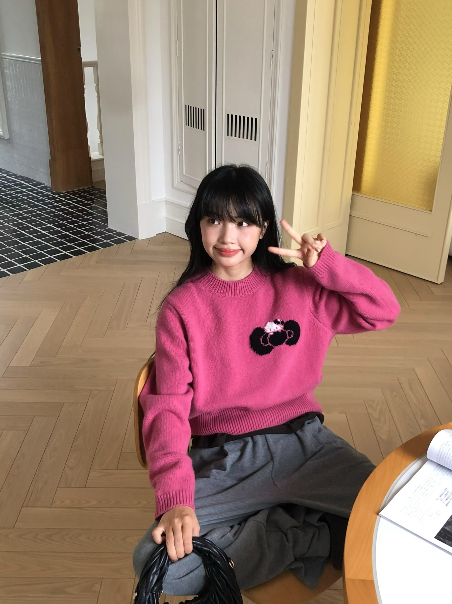 2025新款秋款H.ONE简约百搭韩系可爱ketty圆领套头针织衫羊毛毛衣