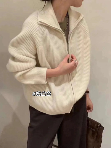 天使名妆韩系加厚双拉链羊毛毛衣外套女秋冬宽松坑条保暖针织开衫