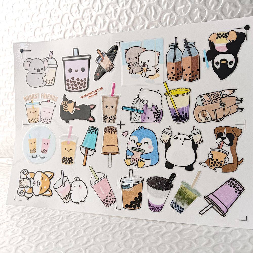 卡通珍珠奶茶镂空立体防水笔牙刷水杯装饰贴纸UV转印贴水晶标定制