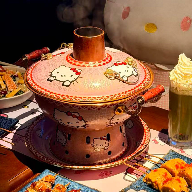 网红HelloKitty珐琅彩环保油铜火锅景泰蓝单人酒精锅商用家用