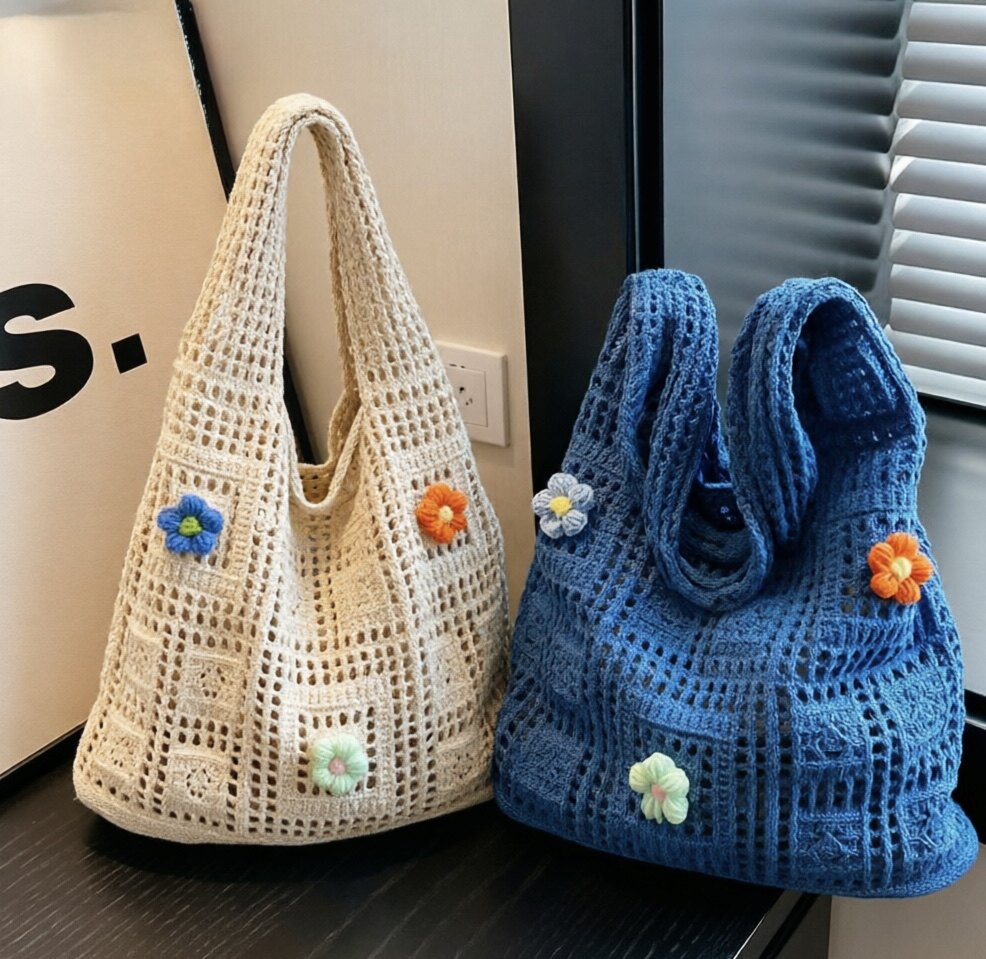 小清新泡芙花毛线编织单肩包网红泫雅风日韩休闲百搭大容量托特包