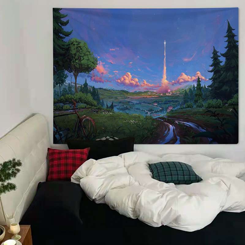 PK7J落日风景超大背景布墙布床头装饰ins卧室改造免打孔房间挂布