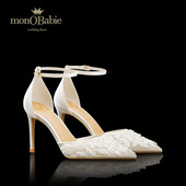 monobabie婚鞋 一字带网纱高跟新娘鞋 小众高级感包头凉鞋 女夏季