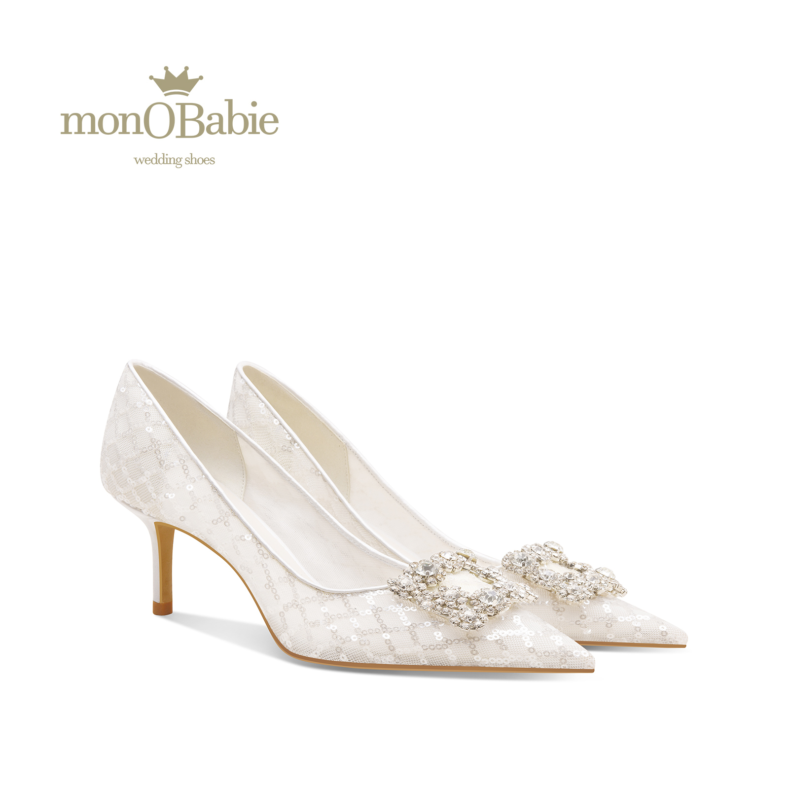 monobabie订婚鞋女 2025年夏季白色网纱主婚鞋订婚旗袍鞋新娘单鞋