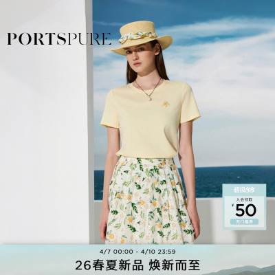 宝姿PORTSPURE女装2026春夏新品精致显瘦花朵刺绣圆领合身短袖T恤