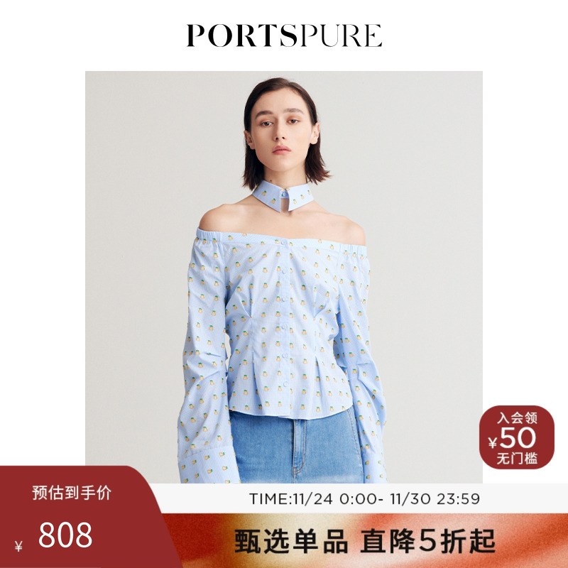 PORTSPURE休闲甜美挂脖印花衬衫