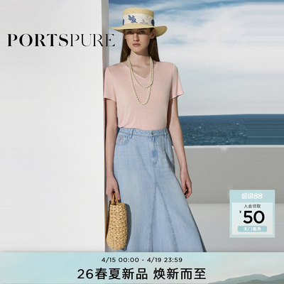 宝姿PORTSPURE女装2026春夏新品温柔镂空蕾丝拼接V领短袖T恤女