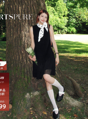 宝姿PORTSPURE女装秋冬优雅几何感拼接百褶垂坠无袖黑色连衣裙