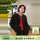 宝姿PORTSPURE女装 秋冬拉贡毛短外套黑灰色气质奢华保暖