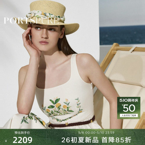 宝姿PORTSPURE女装2026夏季新款柑橘印花方圆领中长款无袖连衣裙