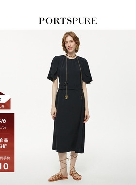 宝姿PORTSPURE女装春季黑色收腰显瘦短袖连衣裙RT8D027QWA005