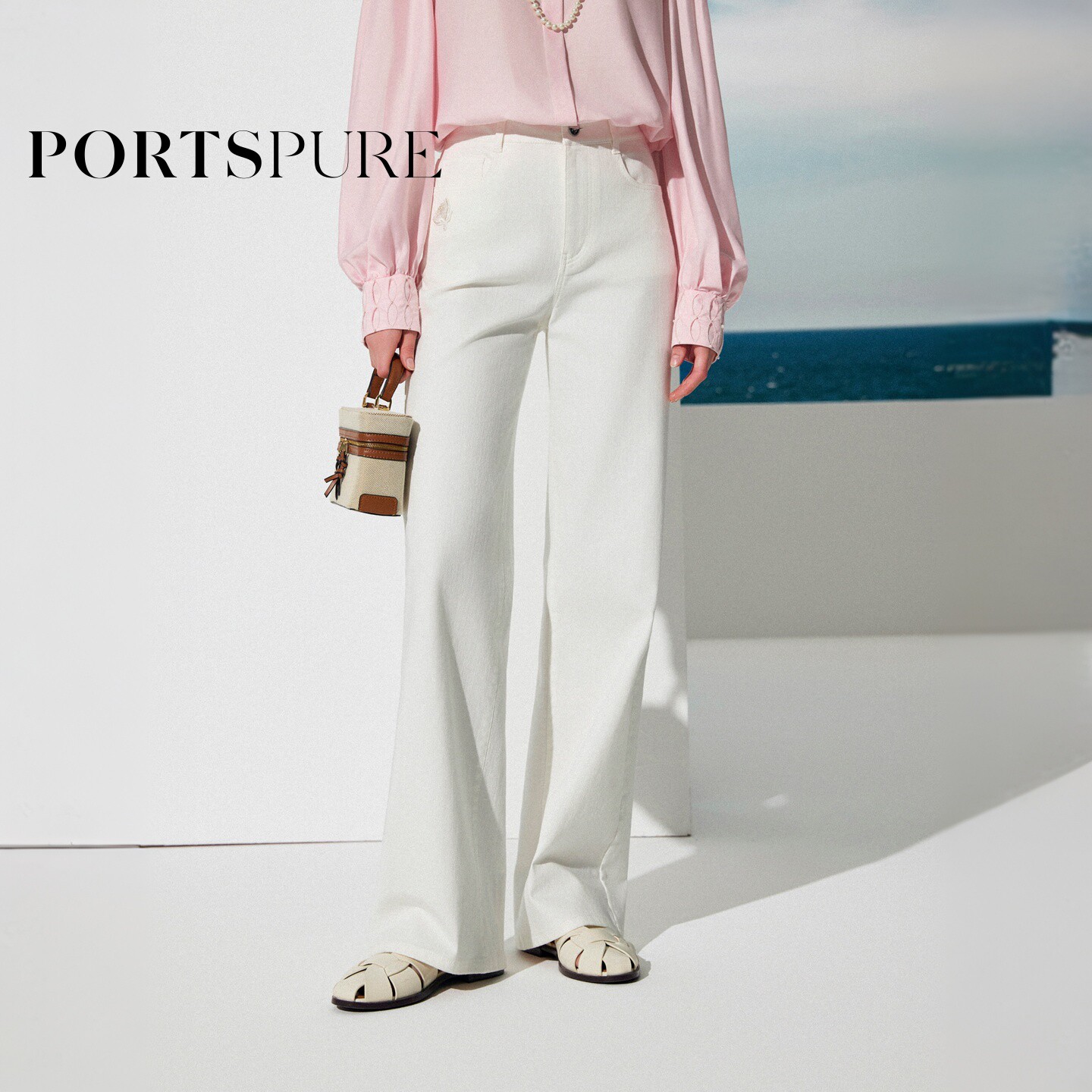 宝姿PORTSPURE女装2026春夏新品精致柑橘珠绣章白色直筒牛仔裤