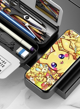 皮卡丘精灵宝可梦文具盒周边学生男孩女孩创意双层多功能大容量铅笔盒网红同款耐脏防水
