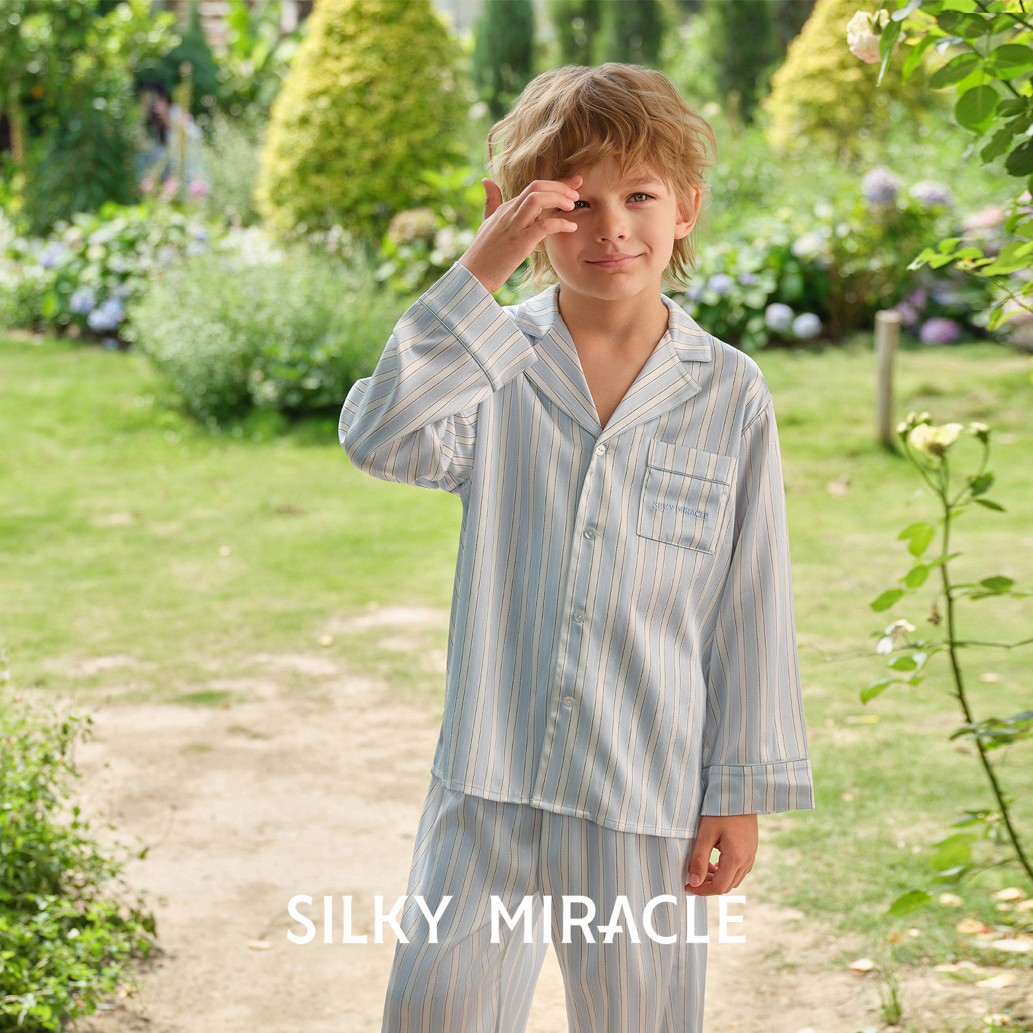 SILKY MIRACLE儿童真丝睡衣套装Cruise条纹度假亲
