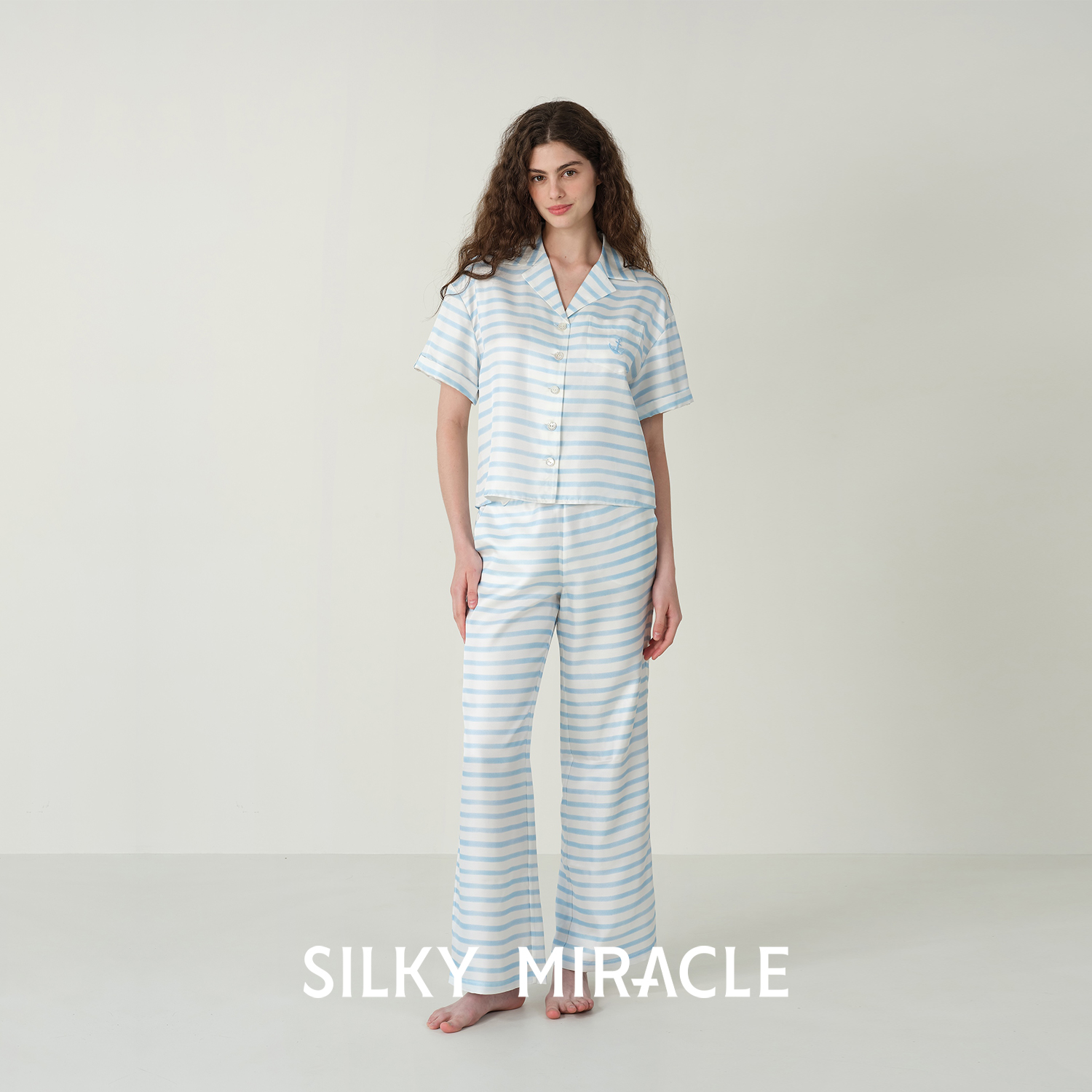 SILKY MIRACLE真丝睡衣女RESORT海军风条纹短袖度假亲子套装外穿