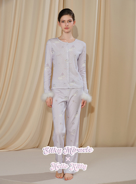 SILKY MIRACLE羽毛针织桑蚕丝睡衣套装HelloKitty联名开衫家居服