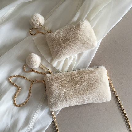 手机包新款仿兔毛毛钱包女式拉链手拿包百搭链条单肩斜挎包化妆包