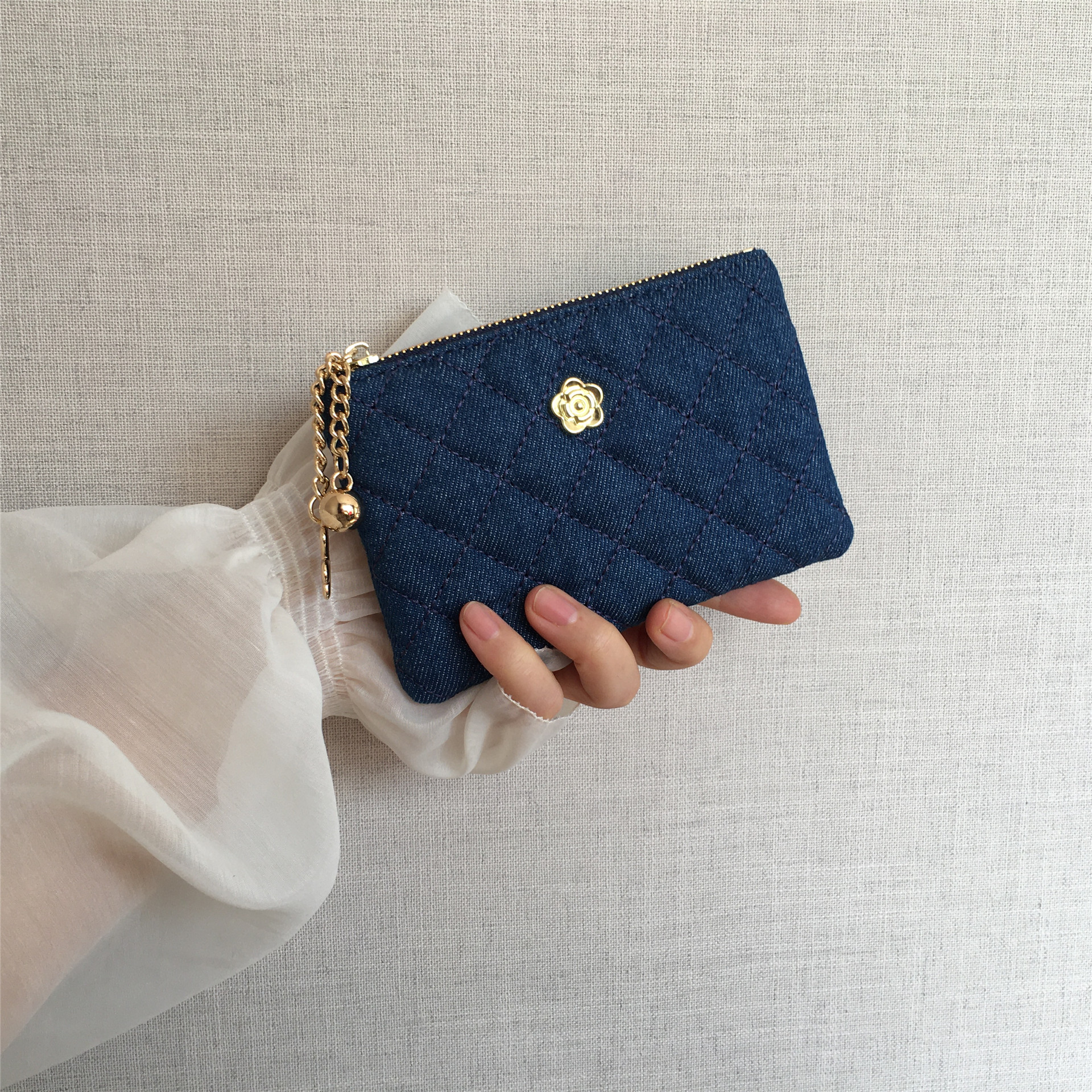 高级感小香风山茶花牛仔菱格钱包