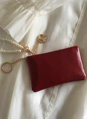 复古红色油蜡皮小钱包女短款拉链零钱袋卡夹简约驾驶证钥匙手拿包