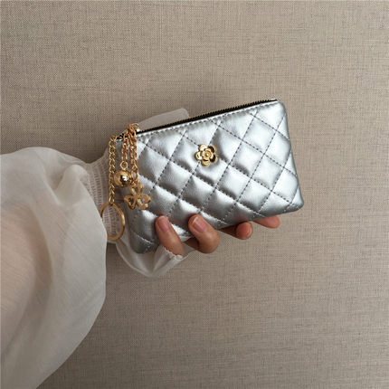 小钱包女短款薄驾驶证件钥匙包迷你卡夹山茶花菱格拉链银色零钱袋