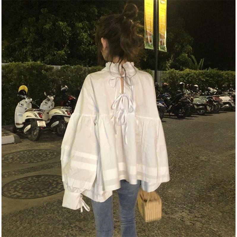 春装新款韩版小清新木耳边灯笼袖绑带蝴蝶结白色衬衫女娃娃衫上衣在类目 女装/女士精品, 衬衫中 - 来自Buy2taobao.com提供专业的淘宝代购服务