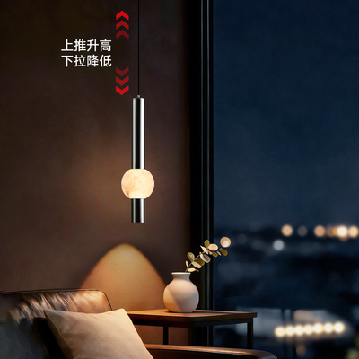 卧室床头吊灯意式极简高级感天然云石小吊灯可升降手扫玄关吊线灯
