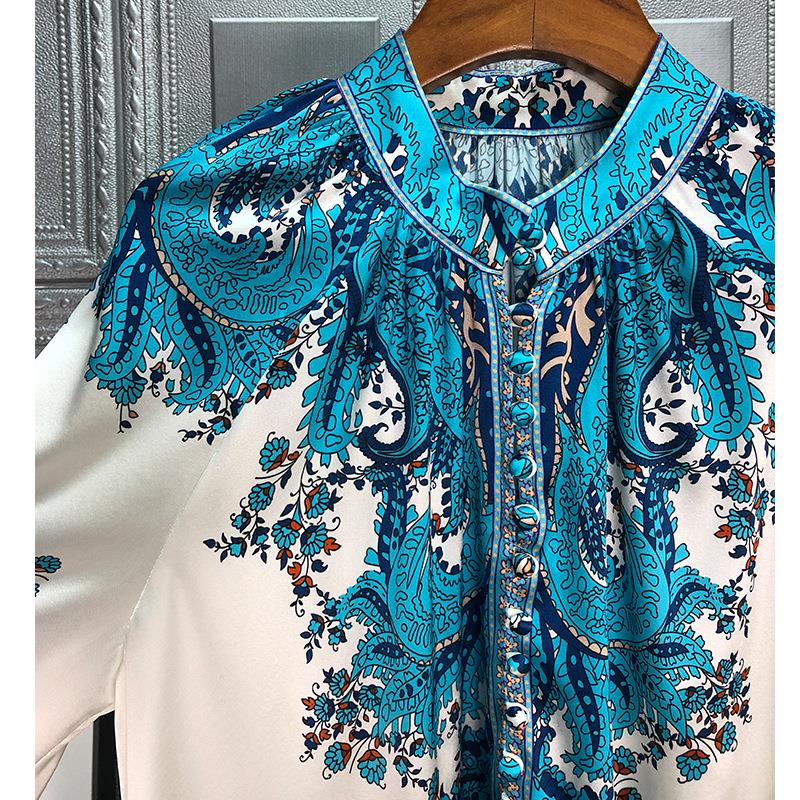 Chinese style Mulberry Silk Long Sleeve Silk Satin Chinese style blue collar shirt womens Retro top spring and autumn Han suit