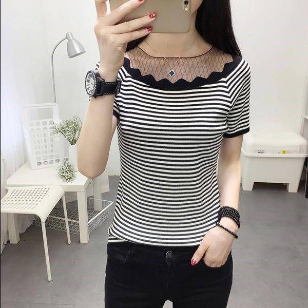 2019夏季新款条纹t恤女韩版修身网纱拼接心机上衣短袖百搭针织衫|msdalam kategori Butik wanita / wanita, baju-T - dari Buy2taobao.com untuk memberikan perkhidmatan ejen Taobao profesional membeli