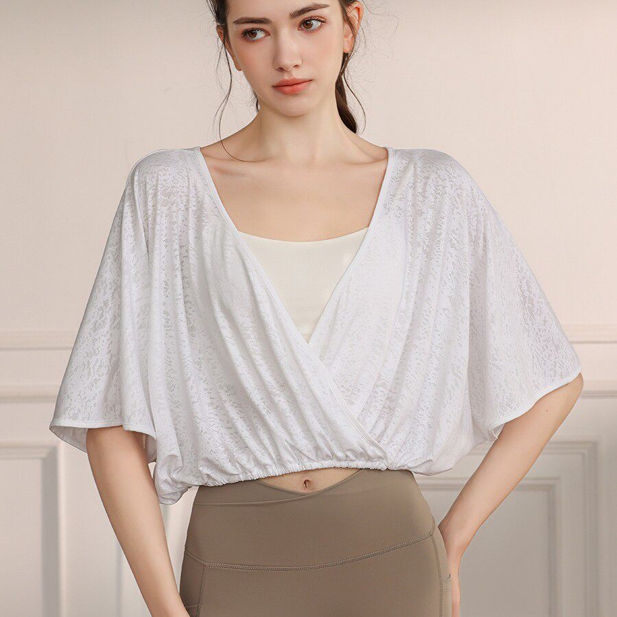 高级感锦纶提花瑜伽服运动背心女 宽松透气蝙蝠袖健身上衣罩衫夏