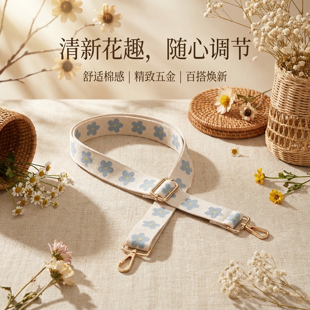 清新花朵印花包带女五金扣可调节宽肩带百搭替换斜挎包带