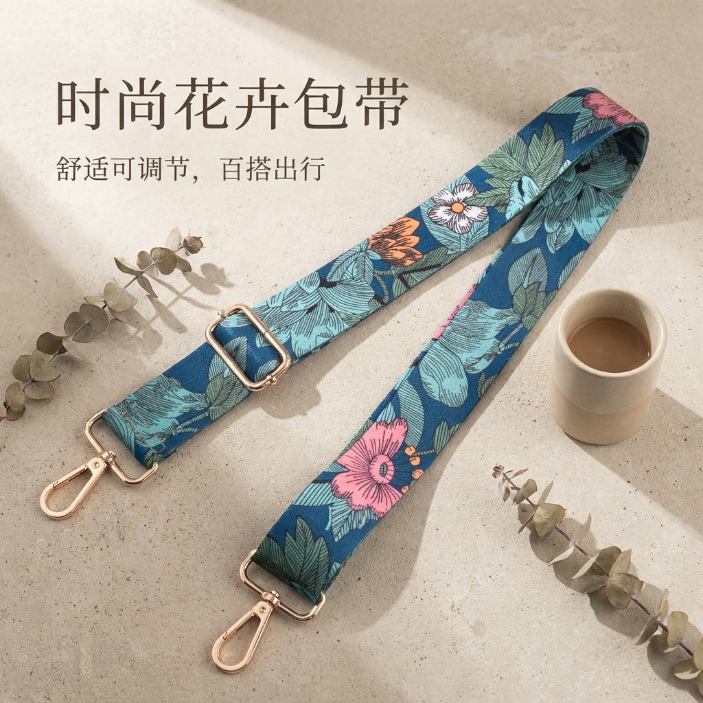 蓝色荷花宽肩带包包替换肩带加宽减压可调节长度舒适斜挎单肩背带