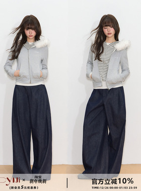 CyNi 设计感拉链灰色开衫上衣斜门襟条纹拼接假两件毛领卫衣外套