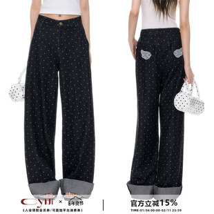 CyNi 休闲复古经典原色宽松休闲阔腿裤波点翻边牛仔裤直筒裤女款