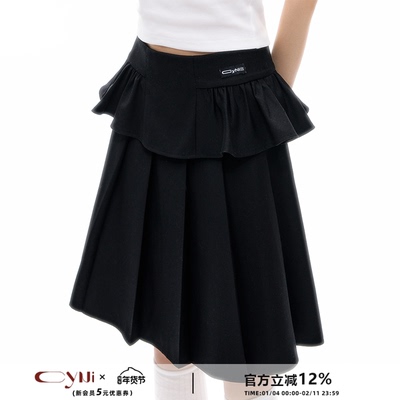 CyNi 甜美荷叶边拼接西装百褶A字裙中裙黑色简约基础百搭半裙女