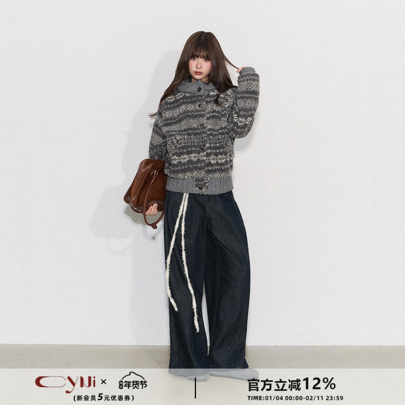 CyNi【雾中蔷薇】慵懒休闲百搭连帽上衣针织拼接费尔岛毛呢外套,女装/女士精品,短外套,淘宝优惠券,粉丝福利购,淘宝优惠卷