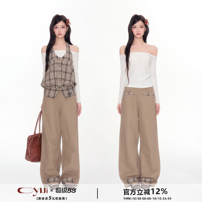 CyNi 复古格子无袖挂脖吊带上衣一字肩刺绣修身打底衫马甲套装