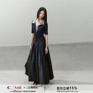 CyNi 【晚风叙事诗】简约收腰显瘦假两件拼接气质七分袖连衣裙女