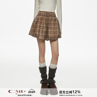 CyNi  复古甜美kiki百搭格子蛋糕裙南瓜蓬蓬短裤女