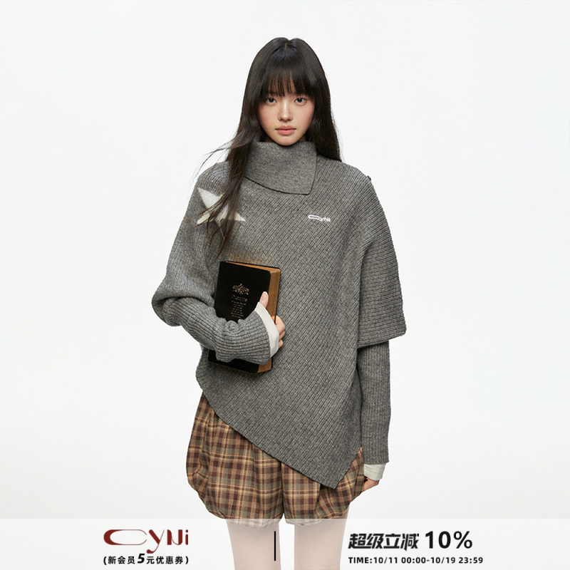CyNi  不规则设计感宽松小众斗篷高领星星毛衣披风针织衫女
