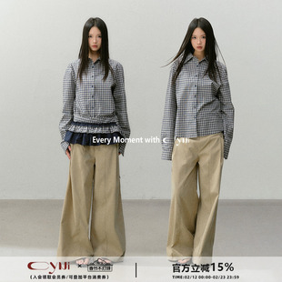 CyNi【格纹信笺】复古长袖衬衫上衣套装设计感荷叶边格子屁帘可拆