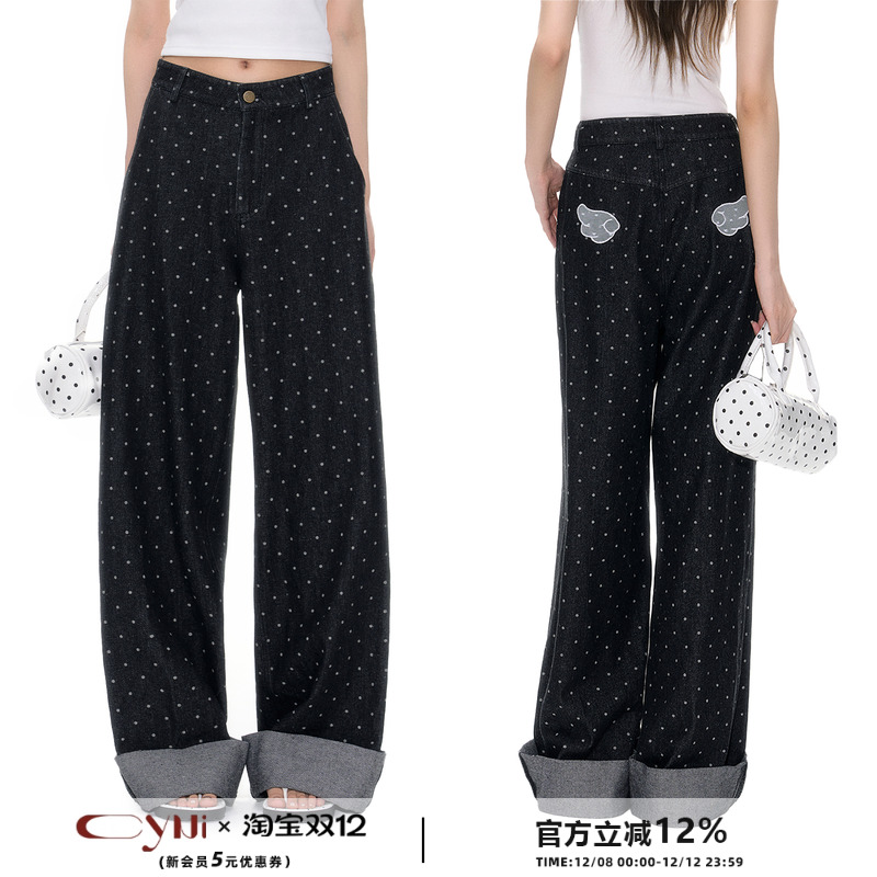 CyNi 休闲复古经典原色宽松休闲阔腿裤波点翻边牛仔裤直筒裤女款