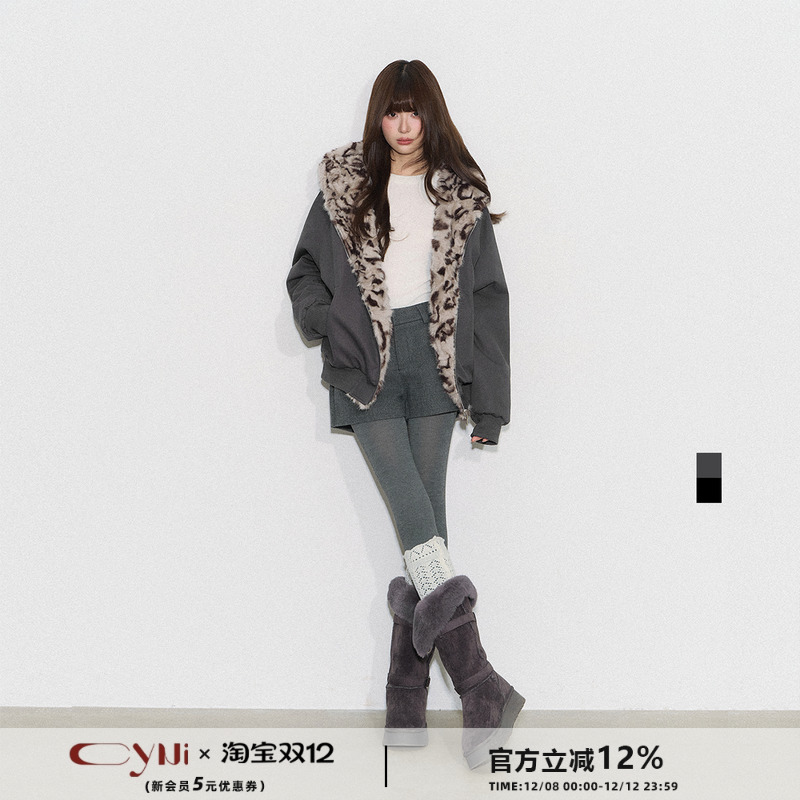 CyNi【暮色猎影】大毛领宽松百搭加厚夹克上衣连帽豹纹棉衣外套