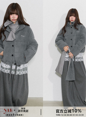 CyNi【羔绒映灰】毛绒感立领短款加厚面包服灰色羊羔毛羽绒服外套